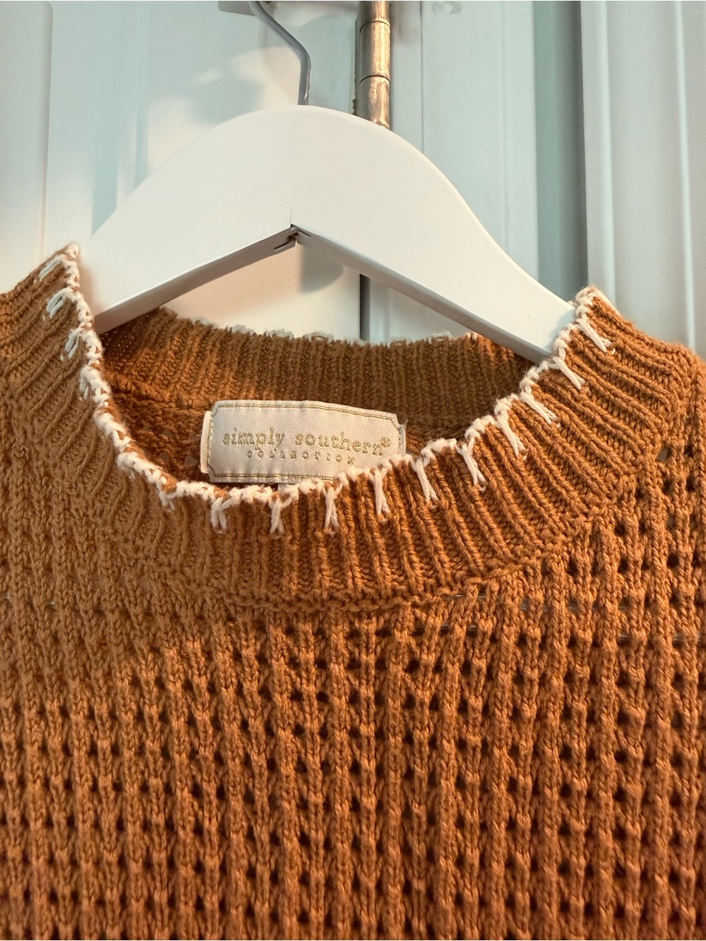 Simply Southern Camel Sleeveless Waffle-Knit Sweater Vest with White Trim - Picture 4 of 6